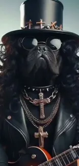 Dog dressed as a rockstar with leather and sunglasses.