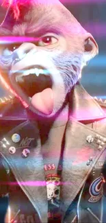 Gorilla in a punk leather jacket with neon lights.