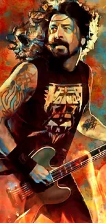 Illustration of a rock musician with a guitar against a vivid background.