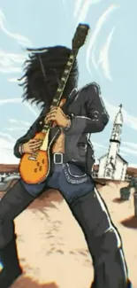 Rockstar playing guitar in desert landscape, vibrant and artistic.