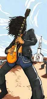 Cartoon guitarist playing in a desert with a church in the background.