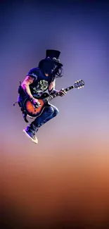 Rockstar guitarist in mid-air on vibrant blue and orange background.