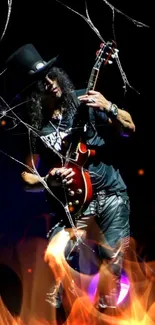 Rock guitarist playing on stage with dramatic lighting.