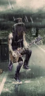 Guitarist playing in the rain on a moody road with amplifiers.