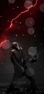 Rockstar under red lightning bolt with guitar.