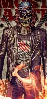 Skeleton rockstar in leather jacket with 'Most Wanted' text on grunge background.