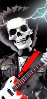 Skull rock musician with guitar and lightning in black background.