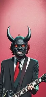 Rockstar in a demon mask playing guitar on red background.