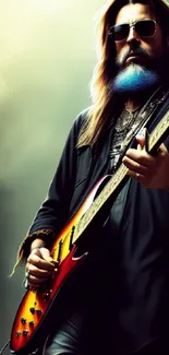 Rockstar with sunglasses playing an electric guitar against a cloudy backdrop.