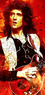 Rockstar playing guitar with fiery red background illustration.