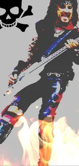 Rockstar playing guitar with skull graphic and artistic flair.