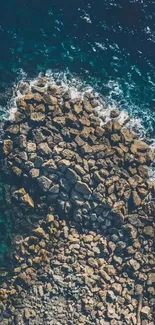 Aerial view of rocky coastline with dark blue ocean hues.