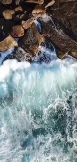 Crashing ocean waves against rocky coast.