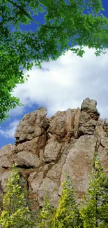 Rocky cliffs with green foliage under a blue sky.