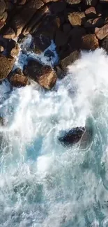 Dynamic ocean waves crashing against rocky coast.