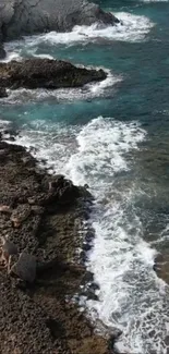 Rocky coastline with ocean waves crashing on the shore.