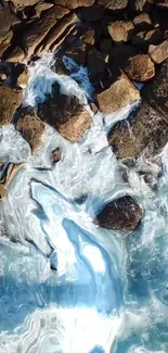 Aerial view of waves crashing on rocky coastline.