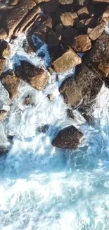 Aerial view of a rocky shoreline with ocean waves.