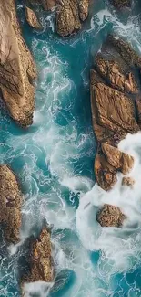 Aerial view of rocky coastline with turquoise water.