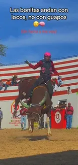 Rider on a bucking bull during a thrilling rodeo event.