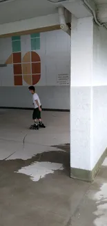 A child roller skating in an urban underpass with geometric wall art.