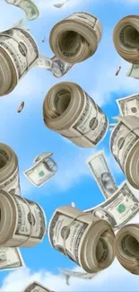 Rolling dollar bills in blue sky wallpaper.