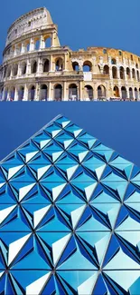 Colosseum and geometric art against vibrant blue sky wallpaper.