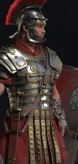 Roman warrior in armor and helmet, holding a shield.