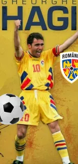 Romanian football legend celebrating in iconic yellow jersey with national emblem.