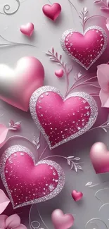 3D hearts and flowers wallpaper with pink and glitter accents.