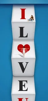 3D blocks spelling 'I Love You' on blue background.