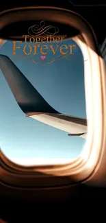 Romantic airplane window view with 'Together Forever' text.