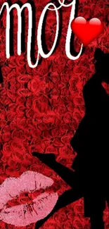 Romantic silhouette against red rose background with 'Amor' text.