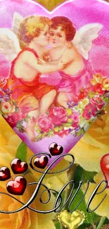 Romantic wallpaper with cherub angels in a pink heart surrounded by colorful flowers.