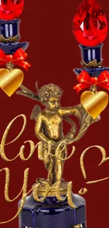 Romantic wallpaper with golden angel and red heart.