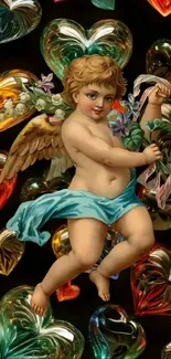 Cherub with colorful hearts wallpaper design.