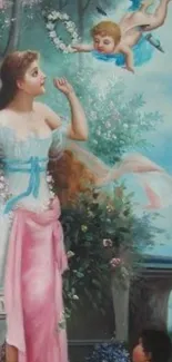 Romantic artwork with angel and nature backdrop in pastels.