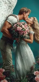 Couple in angelic embrace with roses and wings.