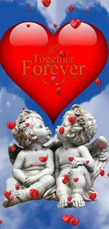 Romantic cherubs with red heart wallpaper.