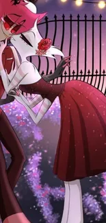 Romantic animated couple with red accents dancing under lights.