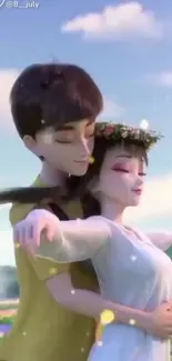 Romantic animated couple embracing under a pastel sky.