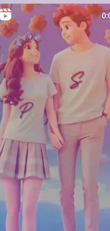 Animated couple holding hands in pastel colors.