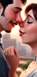 Romantic animated couple embracing amid a warm cityscape backdrop.