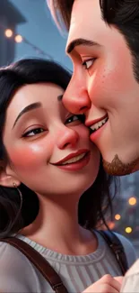 Romantic animated couple smiling at each other in a city backdrop.