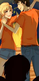 Animated couple dances joyfully in orange attire.