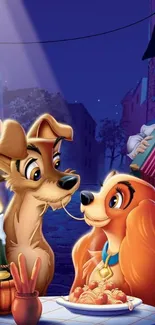 Animated dogs sharing a romantic spaghetti dinner at night.