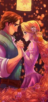 Romantic animated couple with lanterns in a colorful night scene.