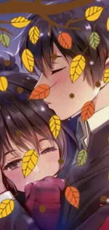 Romantic anime couple kissing under fall leaves in autumn hues.