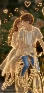 Anime couple on bicycle with glowing hearts