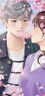 Romantic anime couple with cherry blossoms around.